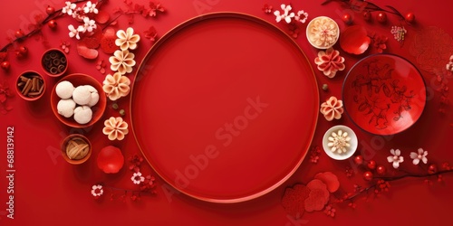 Empty plate flat top view. Asian style. red background