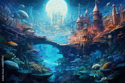 Beautiful underwater world with brown castle and tropical fishes, Cartoon underwater world with fishes and corals, Fantasy landscape, Fairy Tale Story Background