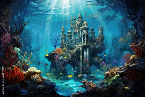 Underwater world, 3d render illustration, Fantasy illustration of a fantasy world, fantasy underwater fairy tale castle, beautiful underwater landscape with castle, fishes © Jahan Mirovi