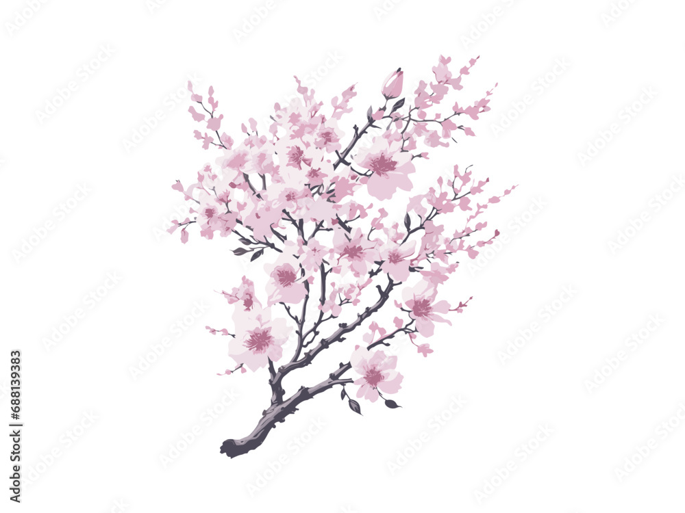 Obraz premium WatercolorVector branch with spring flowers watercolor tree branch detailed hand drawn clip art element. Generative AI. 