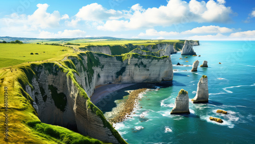 Aerial panoramic view of limestone cliffs in Dorset, UK photo