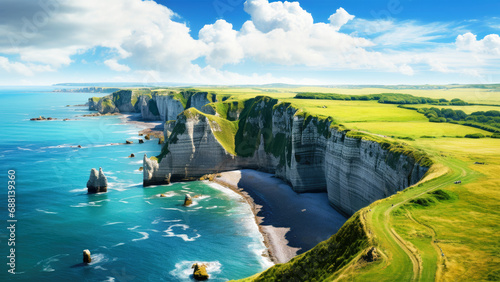 Aerial view of limestone cliffs at Old Harry Rocks in Dorset, United Kingdom