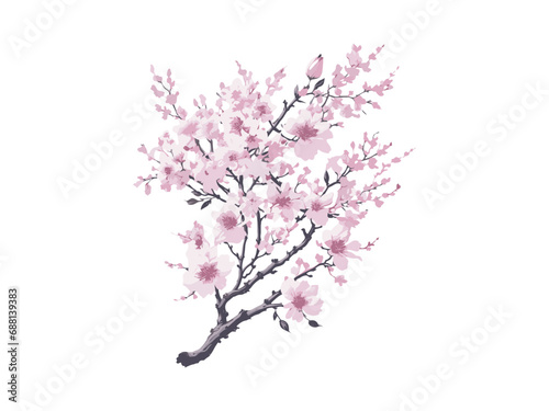 WatercolorVector branch with spring flowers watercolor tree branch detailed hand drawn clip art element. Generative AI. 