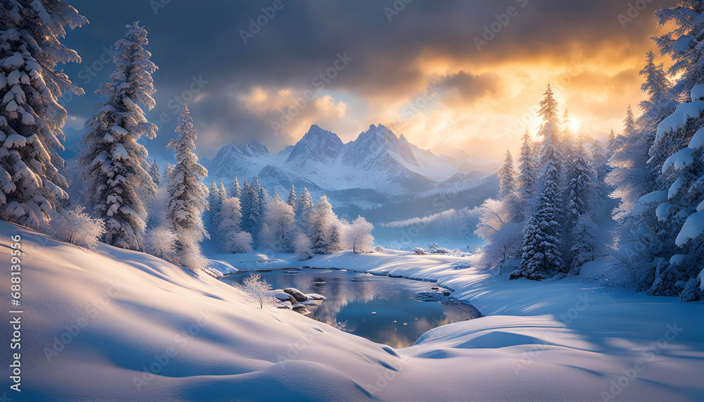 Calming winter landscape with snowfall and blizzard, beautiful photo wallpaper, winter theme, Christmas theme,