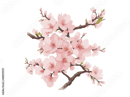 WatercolorVector branch with spring flowers watercolor tree branch detailed hand drawn clip art element. Generative AI. 