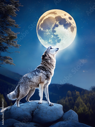 Howling wolf against the full moon background and the wilderness Neural network ai generated 
