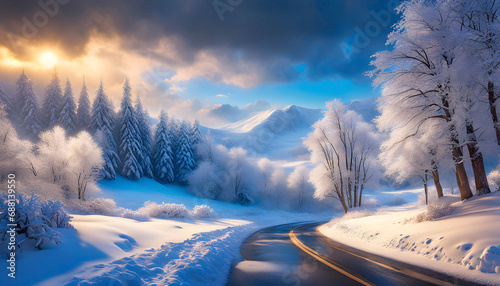 Calming winter landscape with snowfall and blizzard, beautiful photo wallpaper, winter theme, Christmas theme, © Perecciv