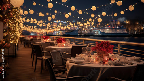 Cozy deck of a cruise ship decorated for Christmas against the background of water. Beautifully set dining tables with elegant outdoor dishes. Decorated Christmas tree, festive lights and garlands.