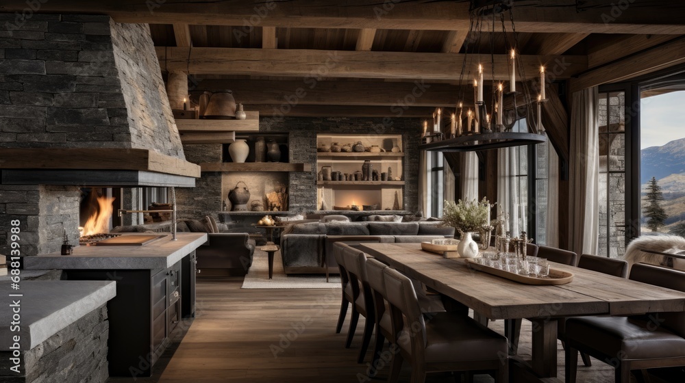 Rustic-chic dining room with a stone fireplace, wooden beams, and a mountain view, showcasing a blend of comfort and elegance.