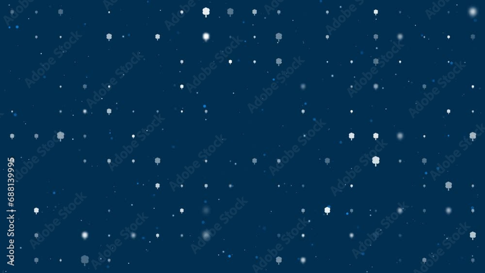 Template animation of evenly spaced tree symbols of different sizes and opacity. Animation of transparency and size. Seamless looped 4k animation on dark blue background with stars Template animation of evenly spaced tree symbols of different sizes and opacity. Animation of transparency and size. Seamless looped 4k animation on dark blue background with stars
