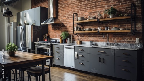 Modern kitchen with dark cabinets and exposed brick walls, featuring stainless steel appliances, floating wooden shelves stocked with utensils and a large island with a marble countertop.
