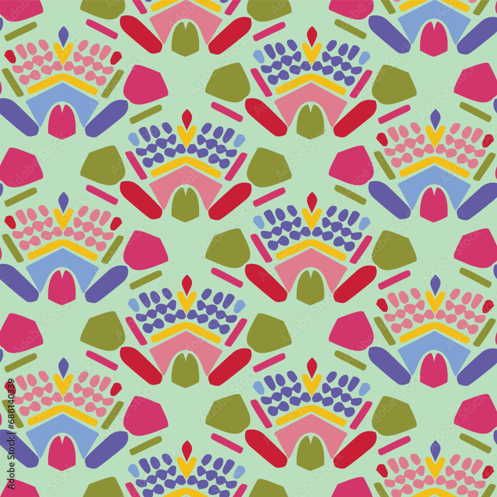 Vintage geometric seamless vector pattern in gender neutral colorful style. Retro funny shape in creative endless repeat for cheerful geo wallpaper. 