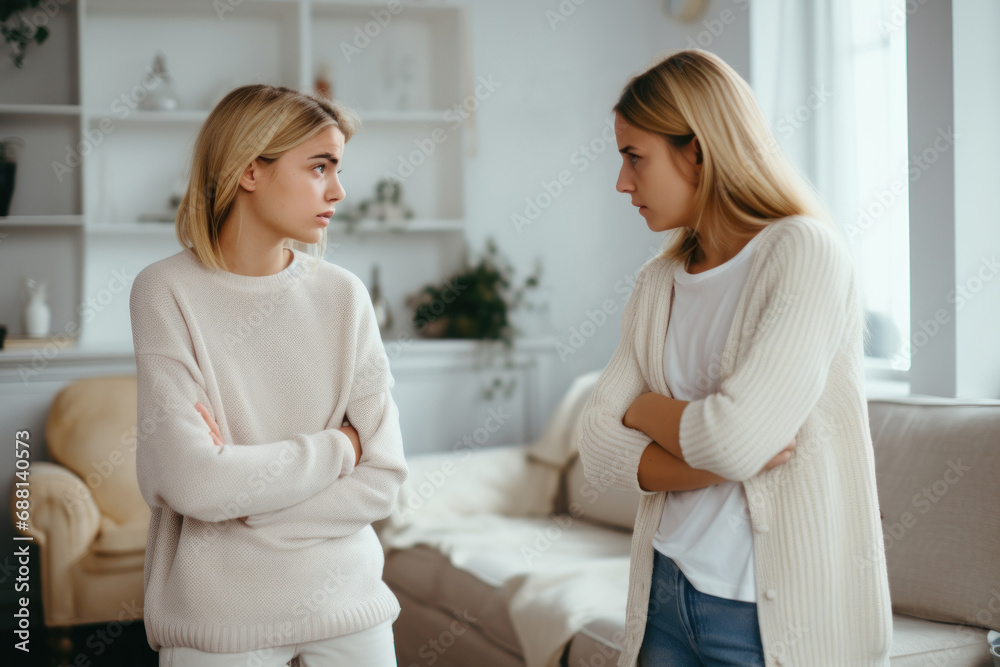 Teen girl and young aged woman with hands crossed quarrel at home, daughter and mum argument, teenage problems, family conflict concept Teen girl and young aged woman with hands crossed quarrel at home, daughter and mum argument, teenage problems, family conflict concept