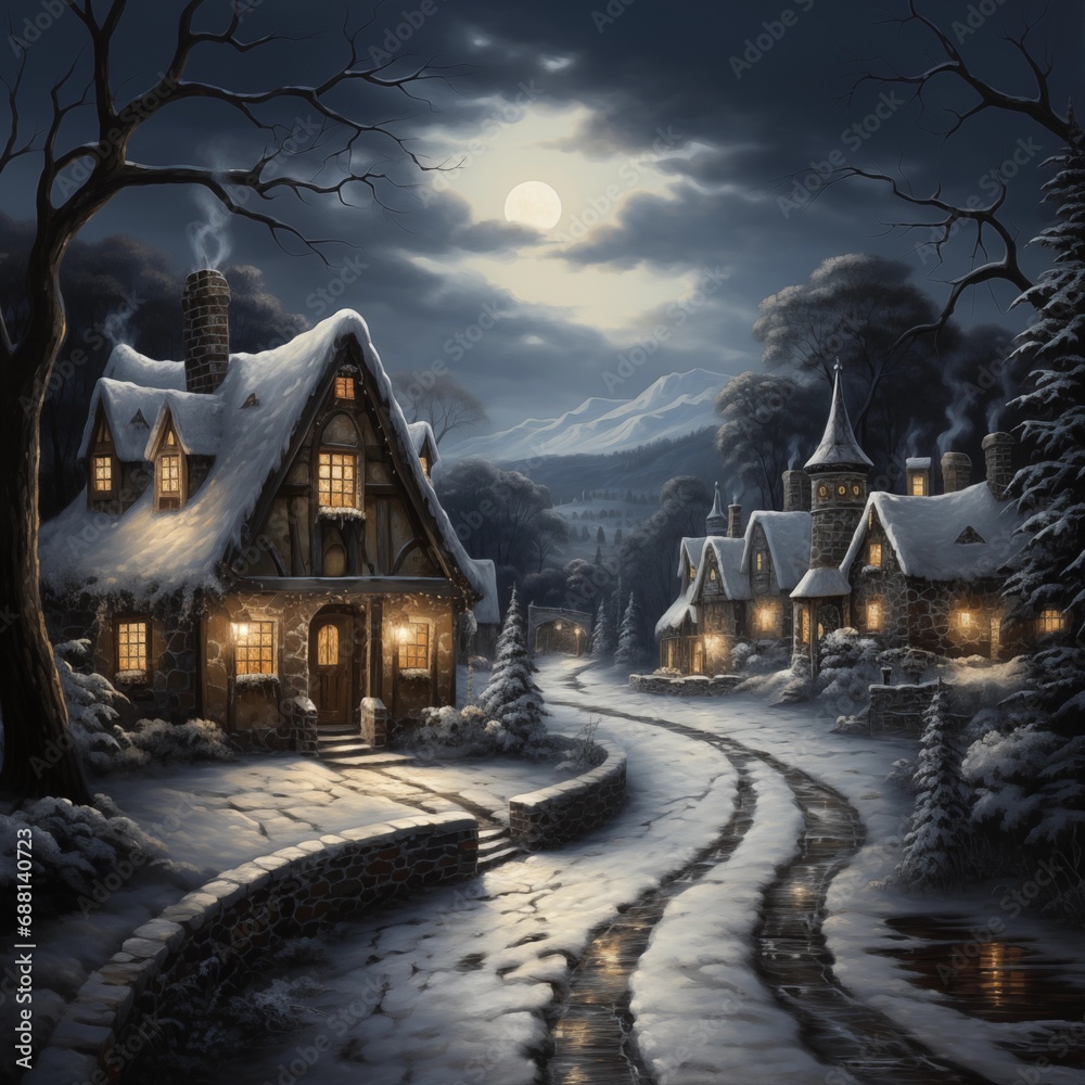 Fantasy Winter Village Night