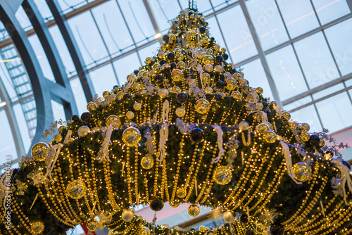 Christmas lights hanging on the ceiling