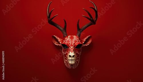 face mask sculpture red and white color, deer head with antler on wall, Generative Ai