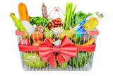 Shopping basket with red bow and ribbon full of grocery products, fruits and vegetables. 3D rendering isolated on transparent background