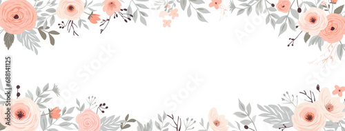 Horizontal banner with pastel pink, ivory and powder rose flowers and plants in pastel colors. Spring tender flowers border. Wedding frame poster, greeting card, header for website