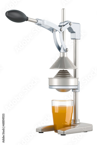 Manual citrus juicer with glass of orange juice, 3D rendering isolated on transparent background photo