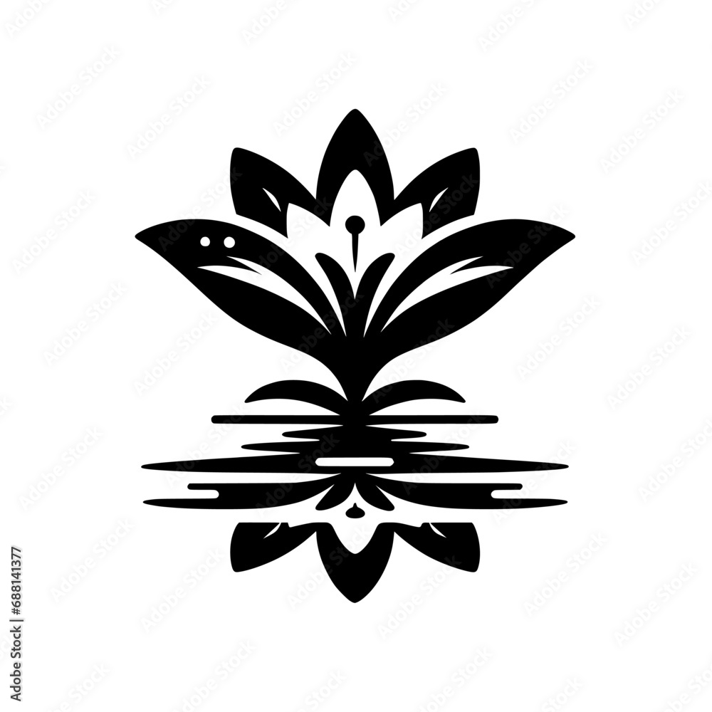 A simple monochrome icon of a lotus flower with a reflection on water, symbolizing peace and purity.
