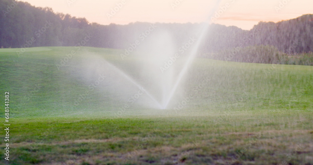 medium shot of grass sprinkler splashes water over the lawn medium shot of grass sprinkler splashes water over the lawn