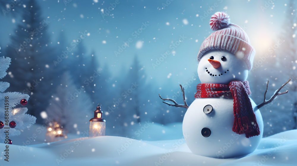 Happy Snowman In Winter Wonderland With Trees Lights And Falling Snow with copy space 