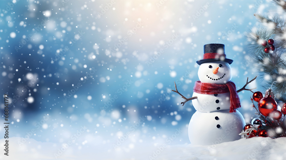 Merry Christmas and happy new year greeting card with Happy snowman standing in Snow background