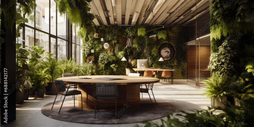 Biophilic offices in London. A dining room with a table surrounded by plants Biophilic offices in London. A dining room with a table surrounded by plants