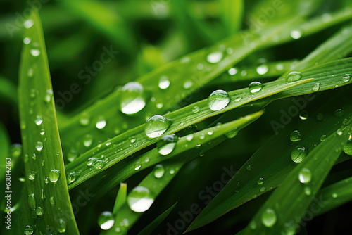 Grass blades background with dew drops