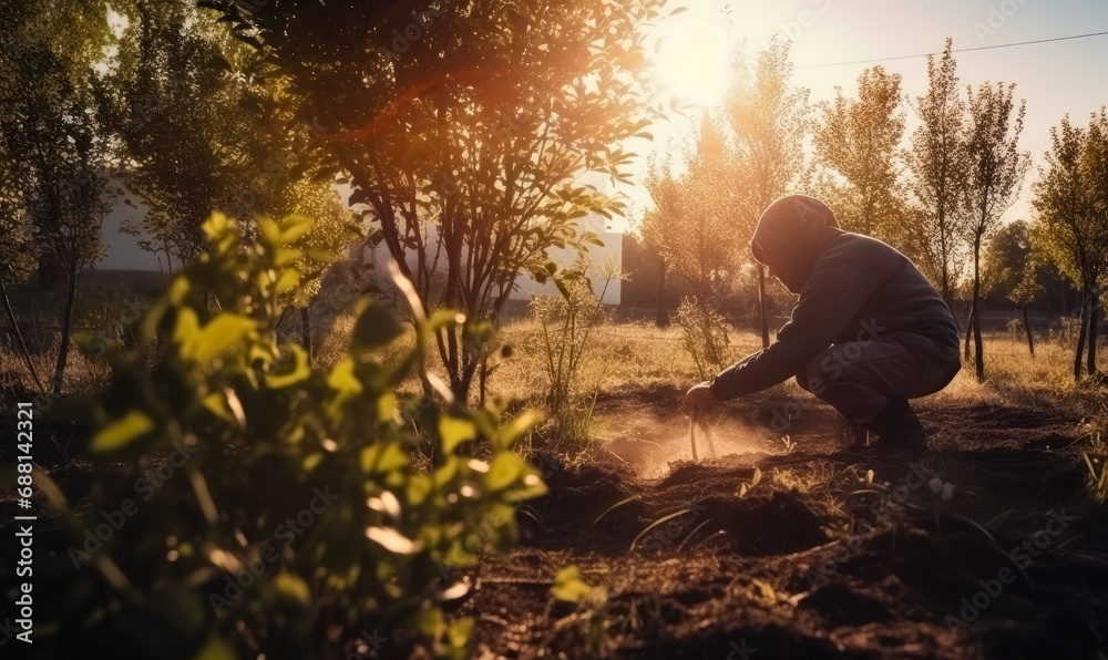 Man plant new trees in the garden at sun. A man kneeling down in a field next to a tree Man plant new trees in the garden at sun. A man kneeling down in a field next to a tree