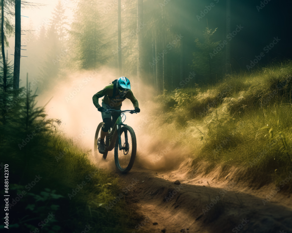 Naklejka premium Mountain biker riding down the trail. A man riding a bike down a dirt road