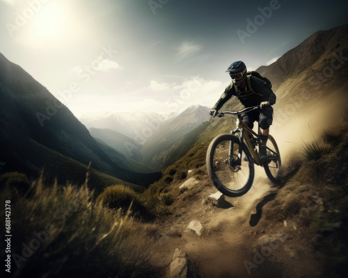 Mountain biker riding down the trail. A man riding a mountain bike down a dirt trail