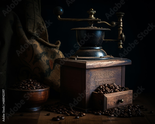 Old coffee grinder coffee beans warm. A coffee grinder sitting on top of a wooden table