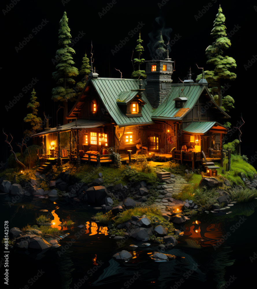 A home with a pool inside the mountains. A small house is lit up at night