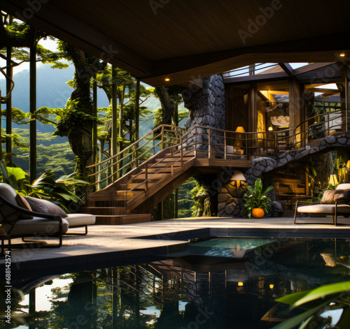 A home with a pool inside the mountains. A house with a pool in the middle of it