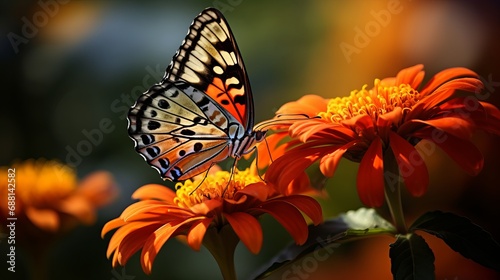 An orange flower in the garden is home to a butterfly