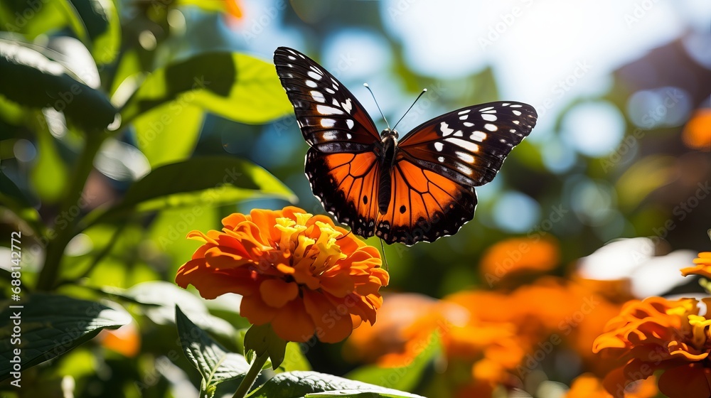 An orange flower with a butterfly perched on it. An orange flower with a butterfly perched on it.