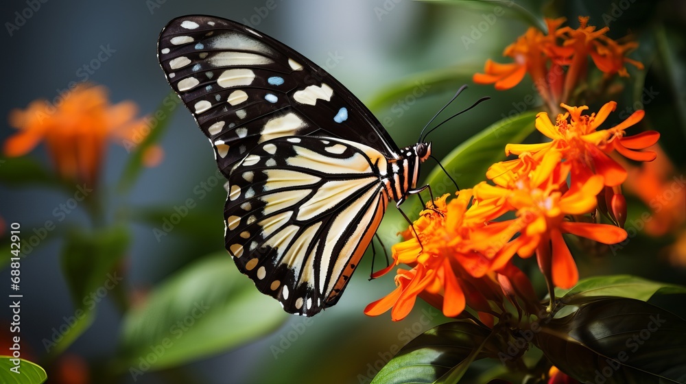Butterfly perched on flowers in a natural setting.