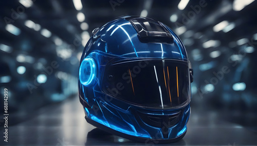 Futuristic blue motorcycle Helmet, blue neon rays