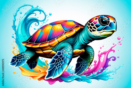 Colorful watercolor. Сute swimming marine turtle in colors fantasy swirls splash.