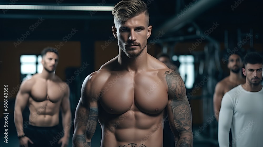 Fototapeta premium Muscular and strong handsome young sporty man with tattoo on the body.