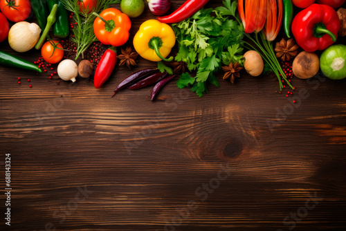 Assortment of vegetables, herbs and spices on wooden table.Top view. Copy space