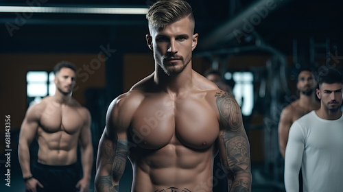 Muscular and strong handsome young sporty man with tattoo on the body.