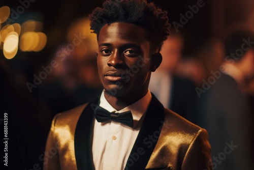 Black man on movie premiere red carpet. Sober usa film actor talent. Generate Ai photo
