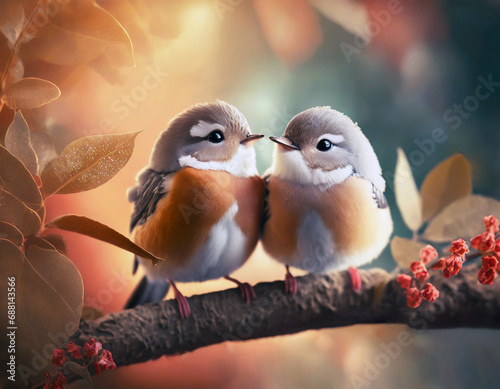 Two little birds sitting on the branch. Valentine Day love concept. photo