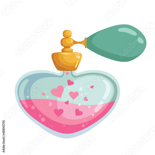 Heart shaped bottle with love perfume or potions. Bottle with hearts inside. Romantic Valentine's Day vector illustration for greeting cards, banners, invitations, and decor. 