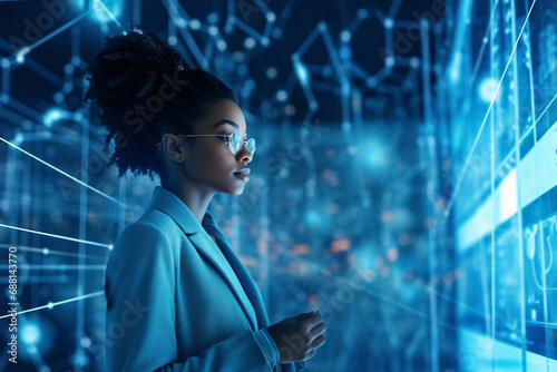 a young black female scientist analyzes data in a futuristic research space