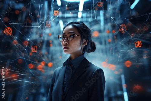 a young asian woman analyzes data in a cyber futuristic space with holographic elements 