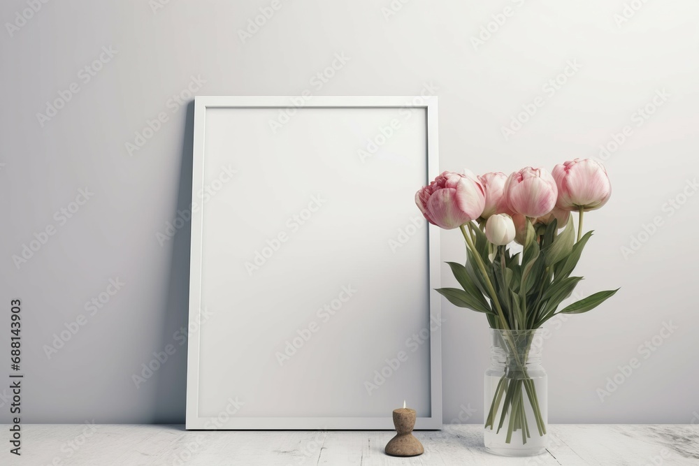 Blank poster flowers glass vase. Space picture decoration empty decor. Generate Ai Blank poster flowers glass vase. Space picture decoration empty decor. Generate Ai