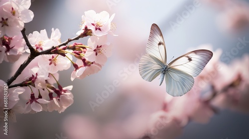 A butterfly is flying over a magnolia flower